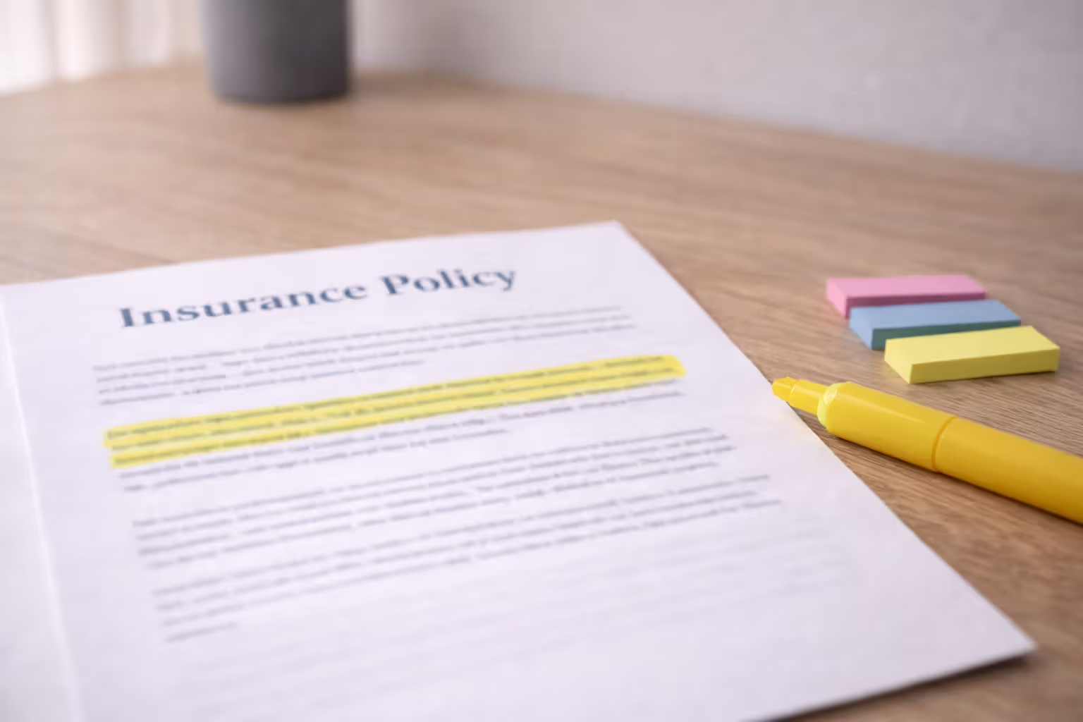 Close-up of insurance policy with highlighted section, text blurred