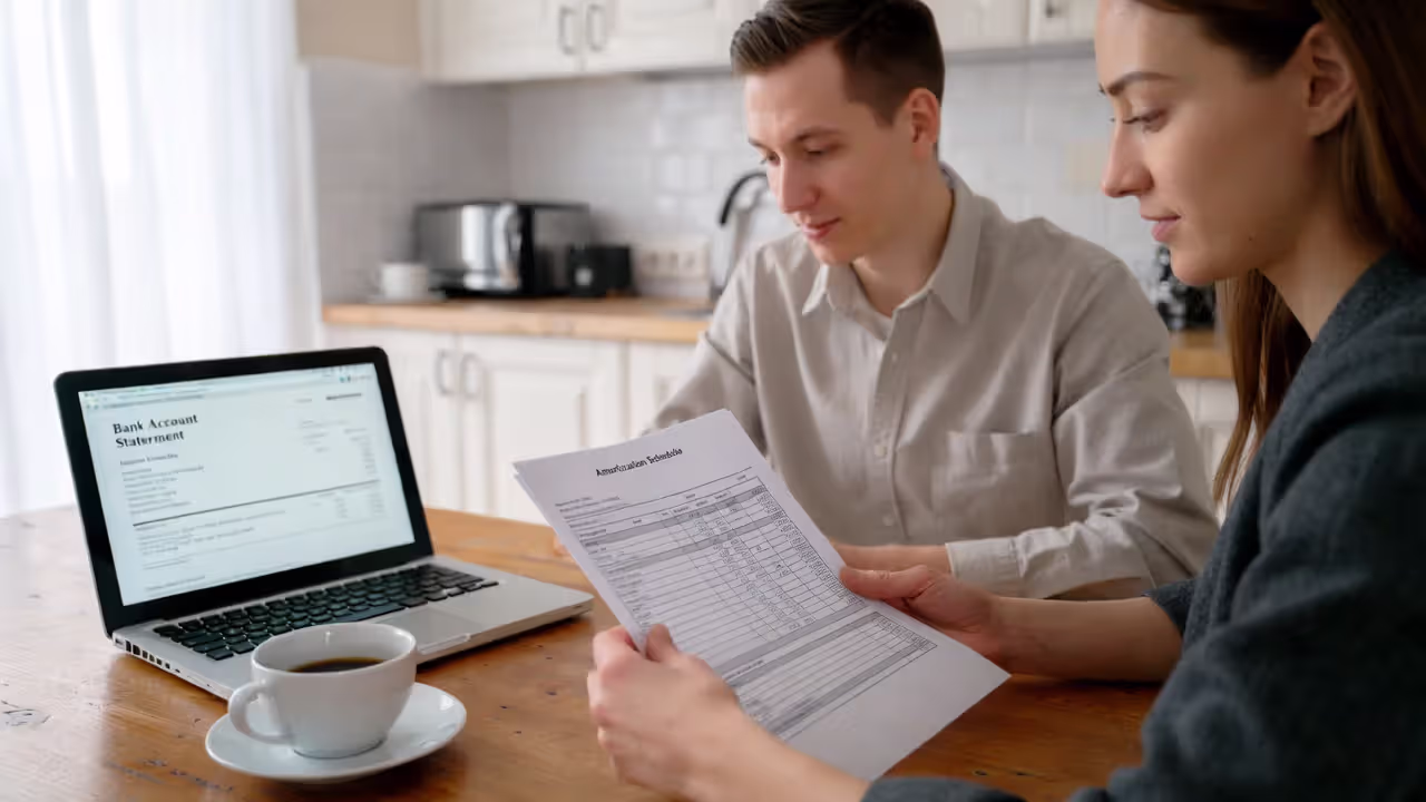 Couple reviewing mortgage amortization schedule at kitchen table