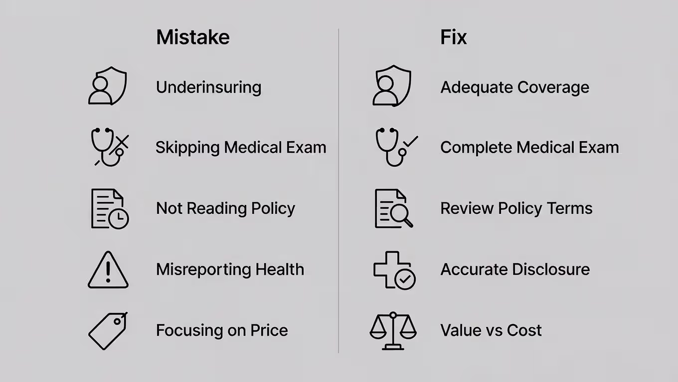 Checklist showing common direct life insurance buying mistakes and the corresponding fixes.