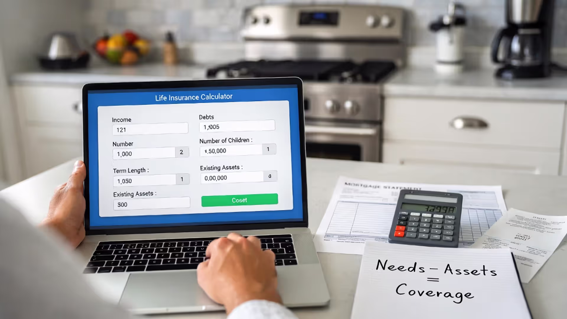 Person using a life insurance calculator with financial documents and notes showing how coverage is calculated.