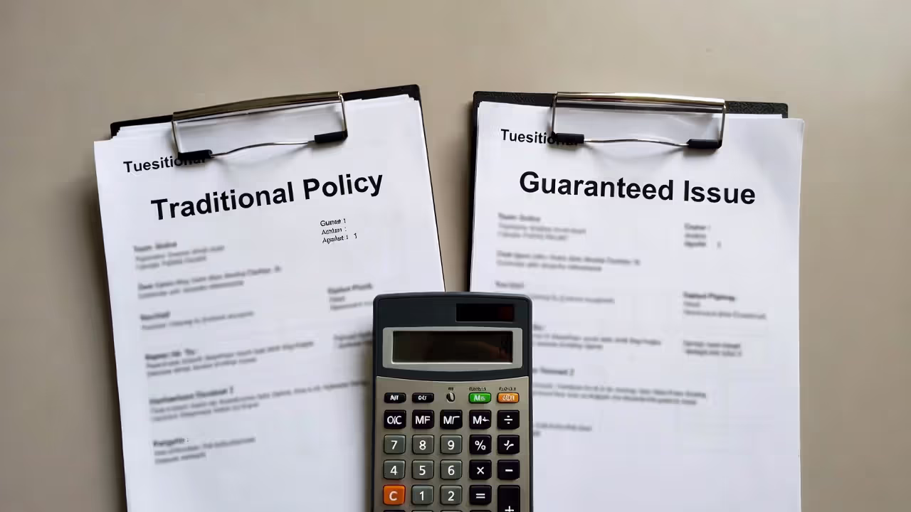 Comparison of traditional and guaranteed issue insurance documents with calculator on table