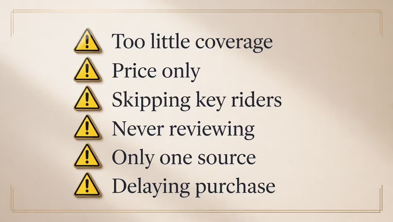 Common life insurance buying mistakes listed as a checklist, including underinsuring and delaying purchase.