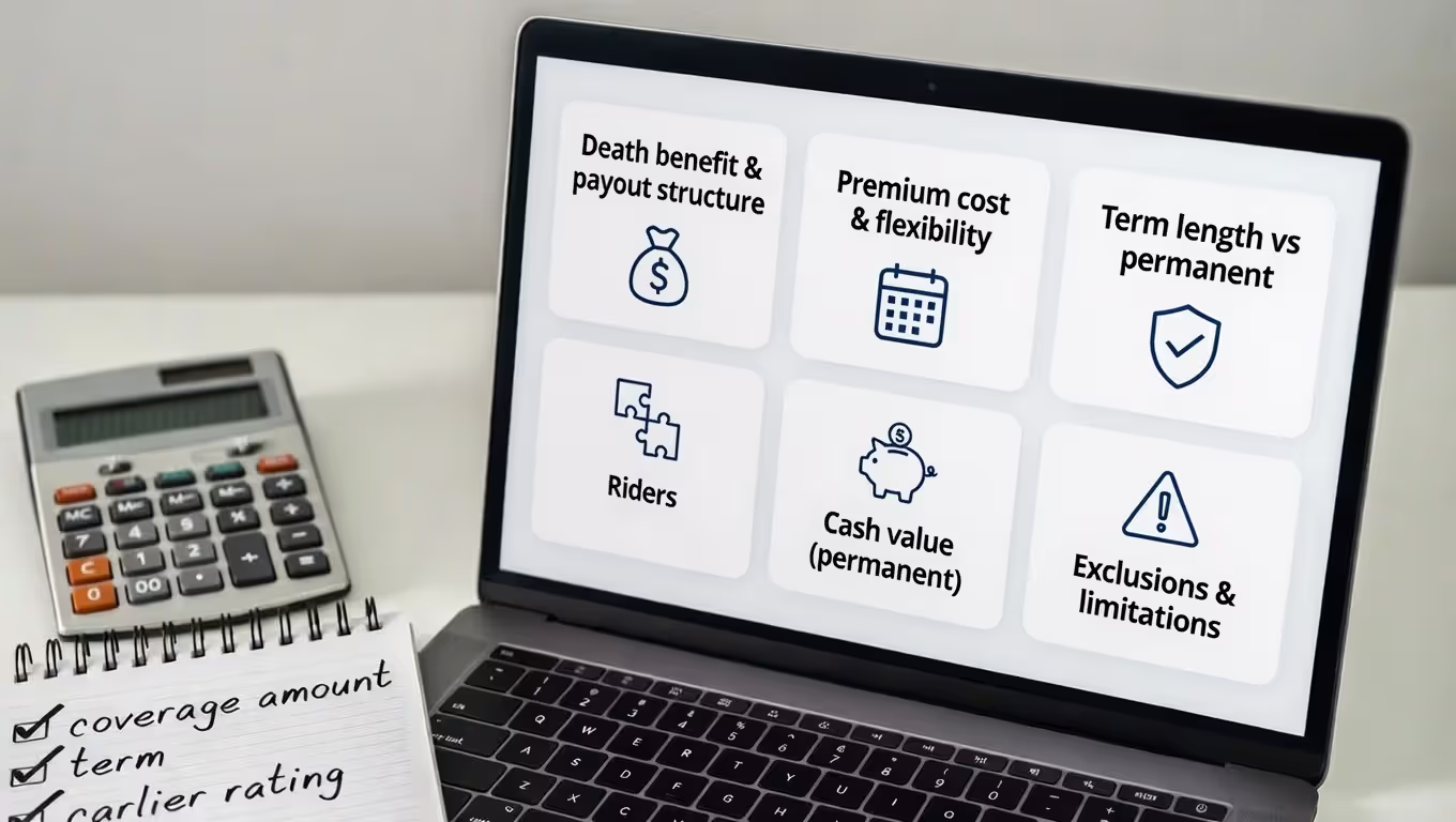 Six key policy features to compare, including payouts, premiums, term vs permanent, riders, cash value, and exclusions.