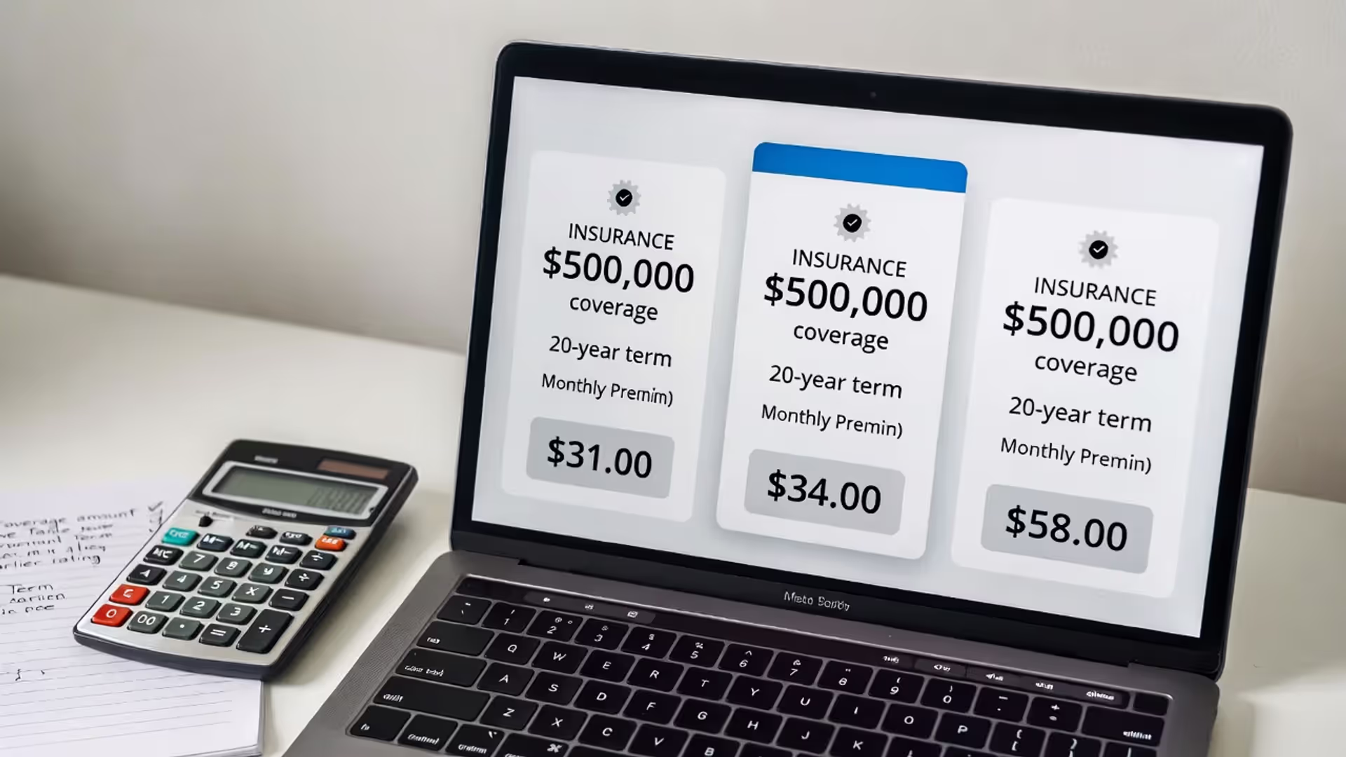 Life insurance quote comparison on a laptop with a checklist for coverage, term length, and carrier rating.