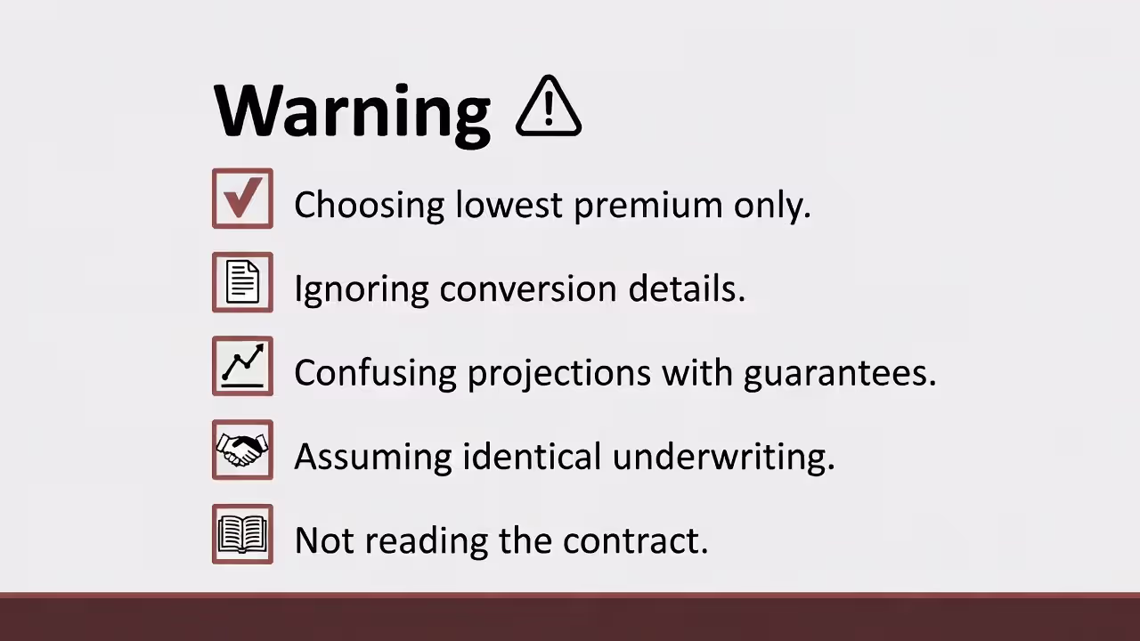 Five common mistakes when comparing life insurance quotes, shown as a checklist with warning icons.