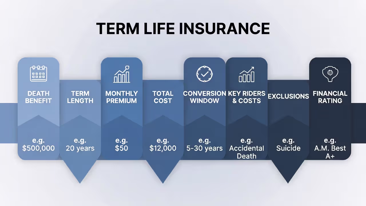 Spreadsheet comparing three life insurance policies by benefit, term, premium, riders, exclusions, and financial rating.
