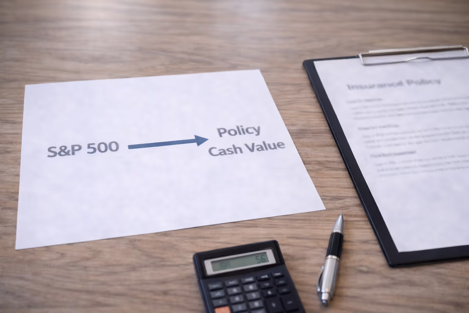 Diagram showing link between S&P 500 index and policy cash value on desk