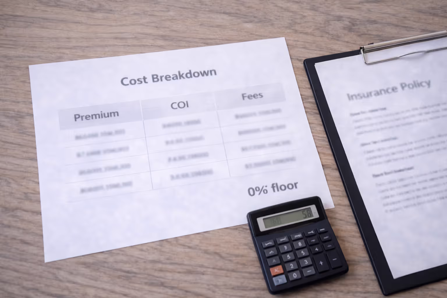 Cost breakdown table for indexed universal life insurance with calculator