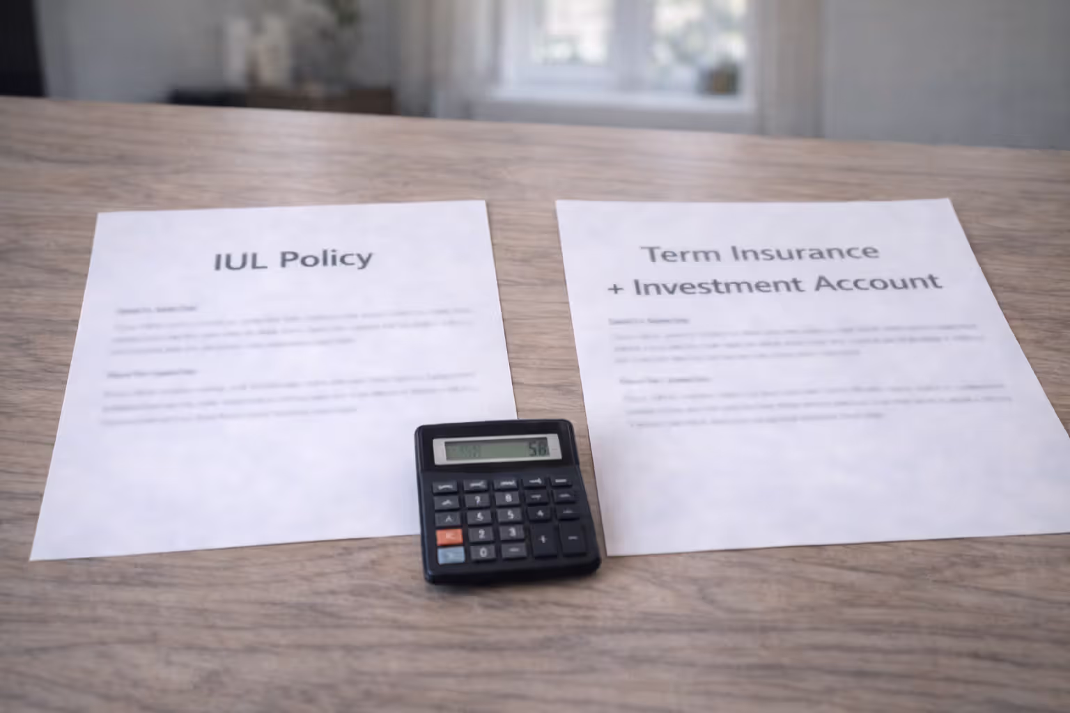 Comparison of IUL policy and term insurance with investment account on desk