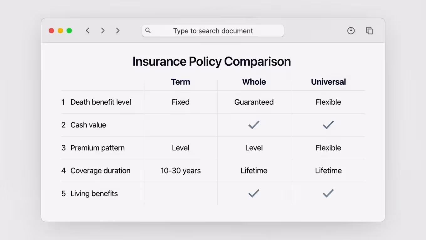 Comparison table showing differences between term, whole life, and universal life benefits and features.