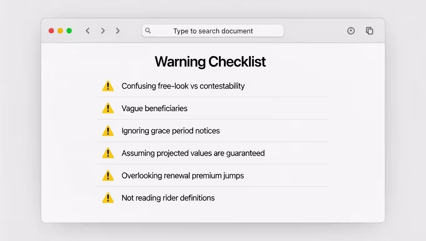 Checklist of red flags when reviewing a life insurance policy, including beneficiary vagueness and renewal premium jumps.