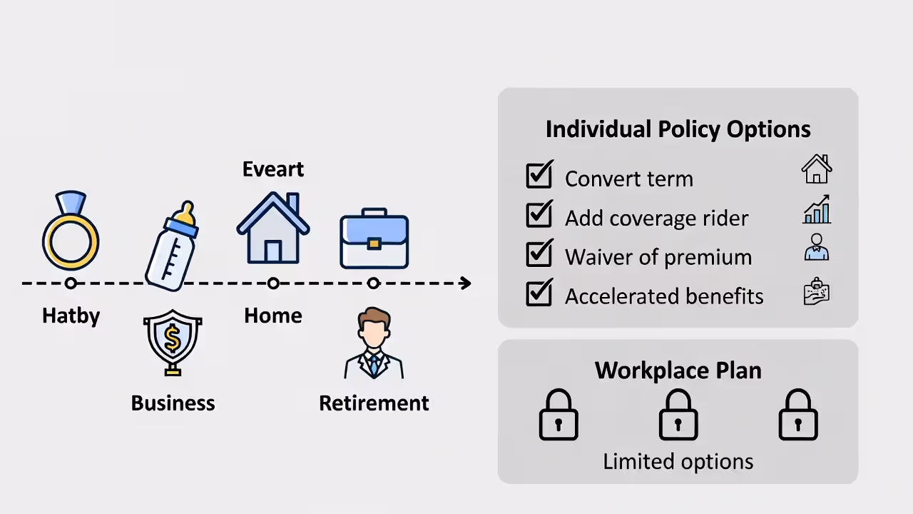 Graphic showing major life events and how individual policies can adapt with riders and options compared to limited workplace plan flexibility.