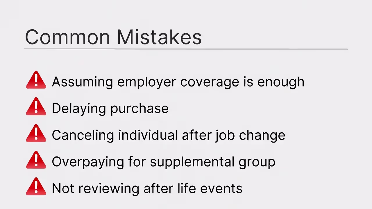 Checklist of common mistakes people make when relying on group coverage or delaying individual life insurance.