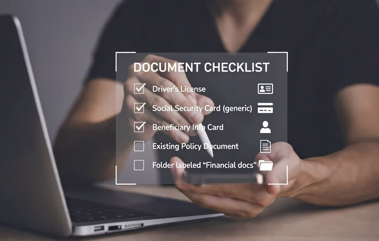 Checklist of key documents needed before starting a life insurance application.