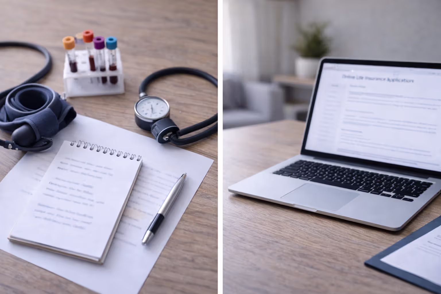 Side-by-side comparison of medical exam setup and online life insurance application