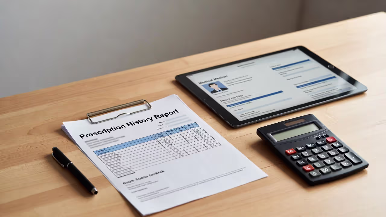 Insurance documents and prescription report used for no-exam underwriting on a desk