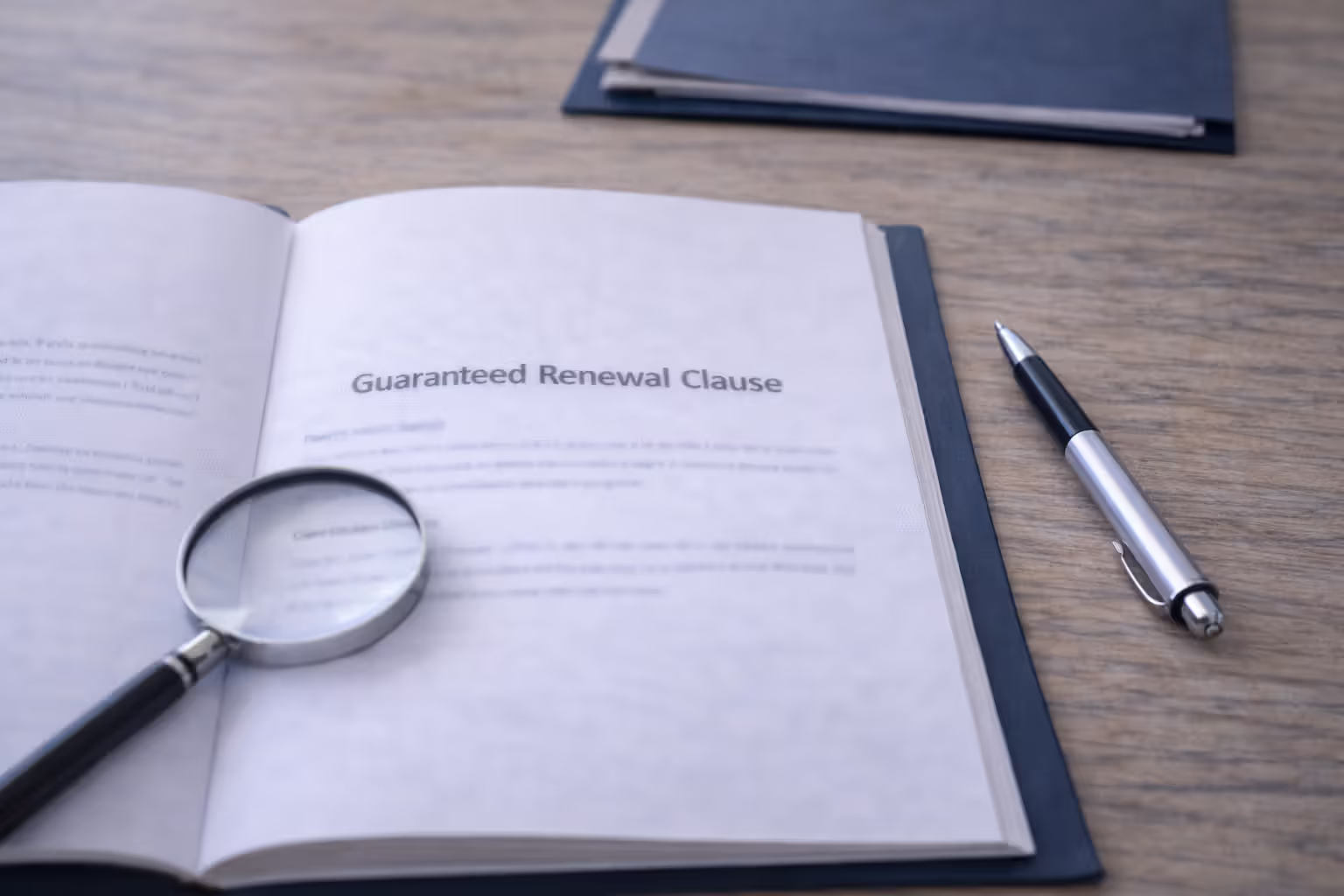 Close-up of life insurance policy showing renewal clause with magnifying glass