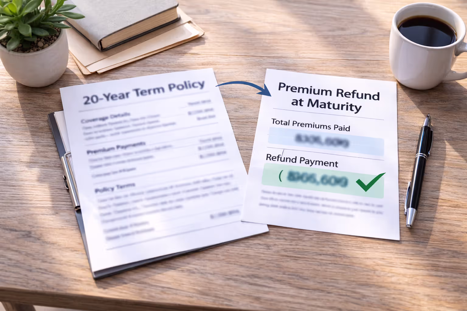 Term life policy document with separate premium refund summary sheet