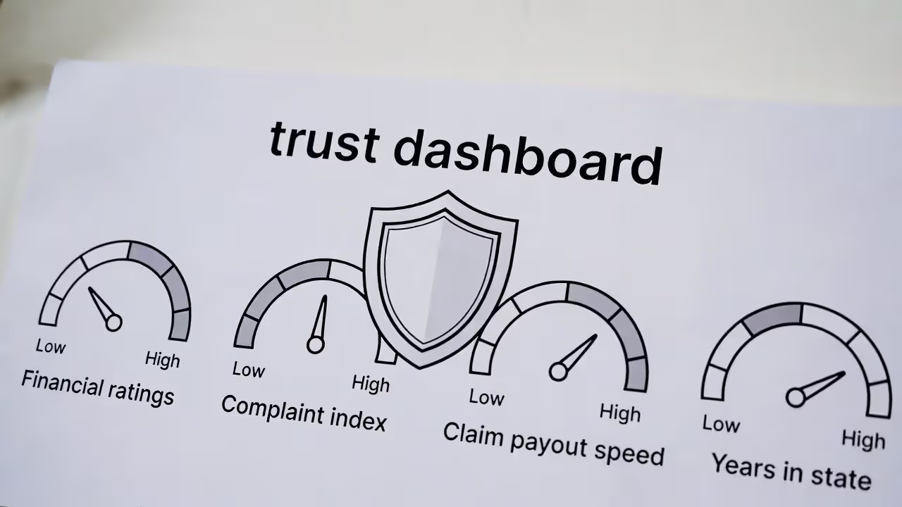 Dashboard-style graphic showing key insurer reliability metrics to check before buying.