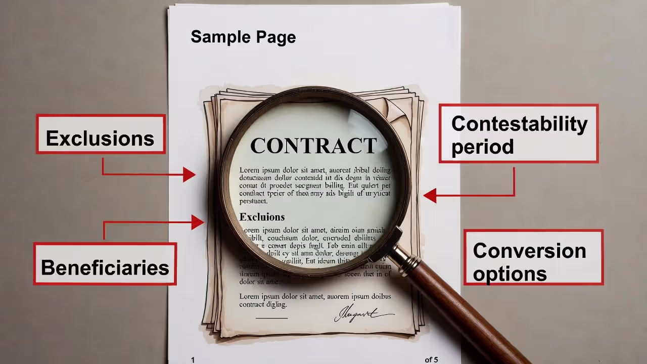 Illustration highlighting the key policy terms to verify in the contract before signing.