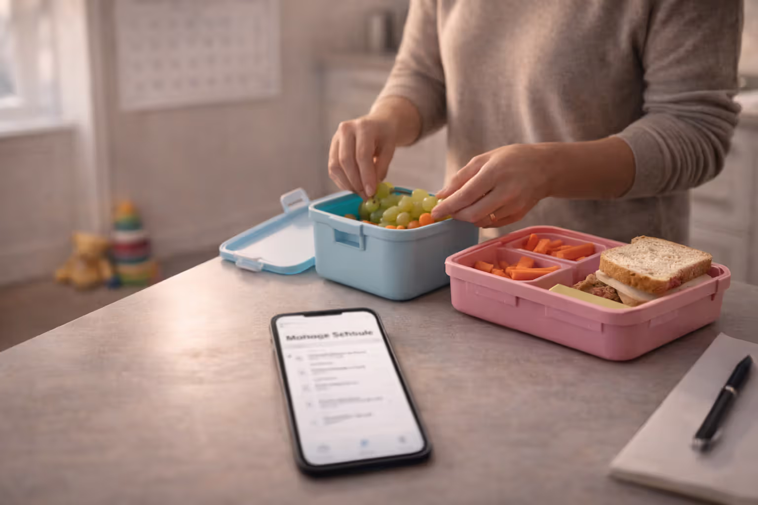 Realistic horizontal photo 16:9; stay-at-home parent scene: adult packing kids’ lunchboxes at a counter while a calendar is visible in the background (dates blurred); toy on the floor; a phone screen showing a blurred childcare schedule; soft morning light; neutral home interior; no logos; no readable text.