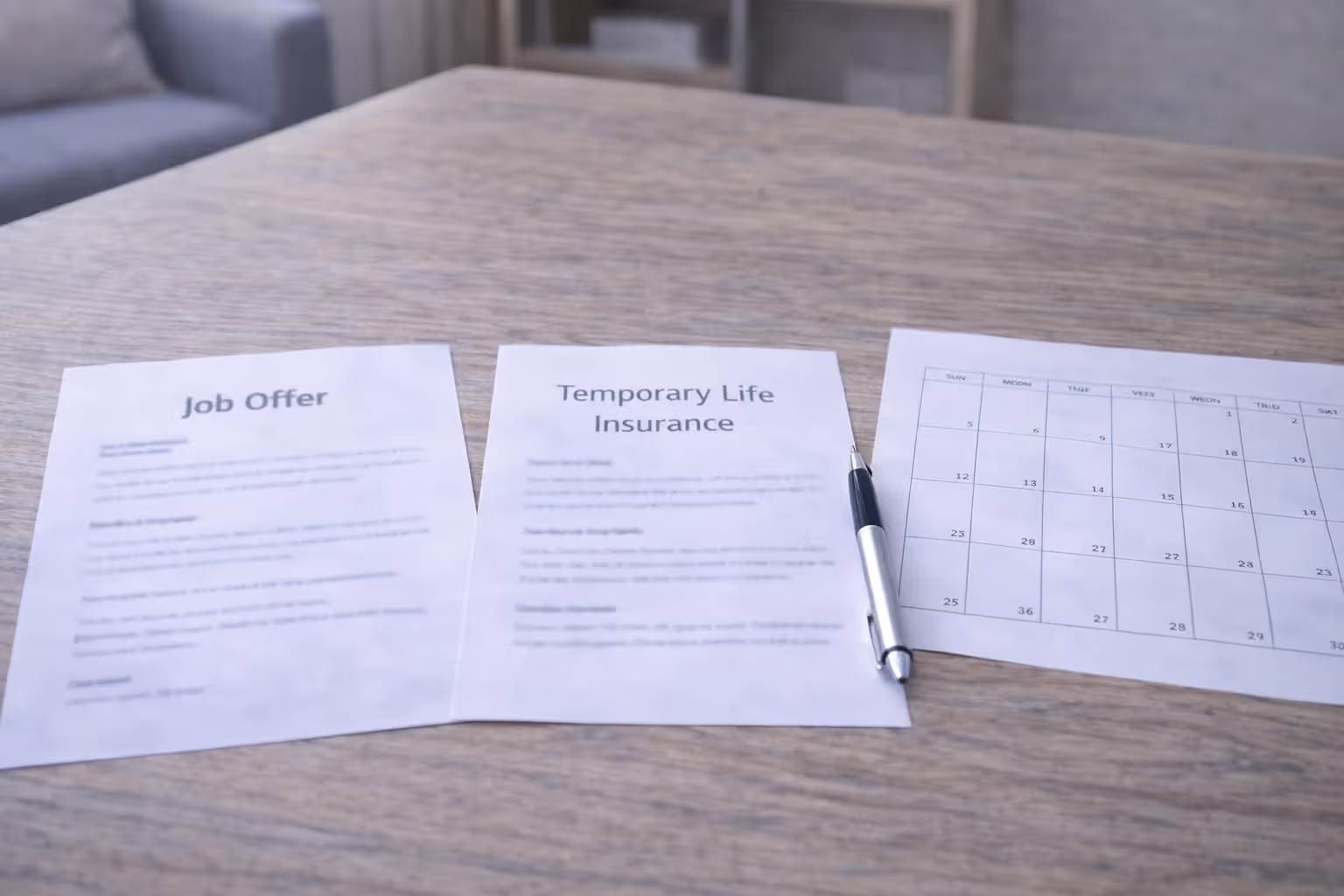 Job transition documents and temporary life insurance paperwork on desk