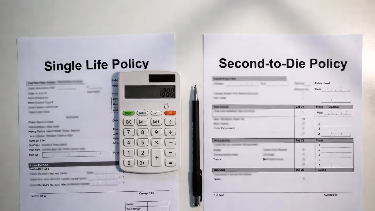 Comparison of single life and survivorship life insurance policy documents on a desk