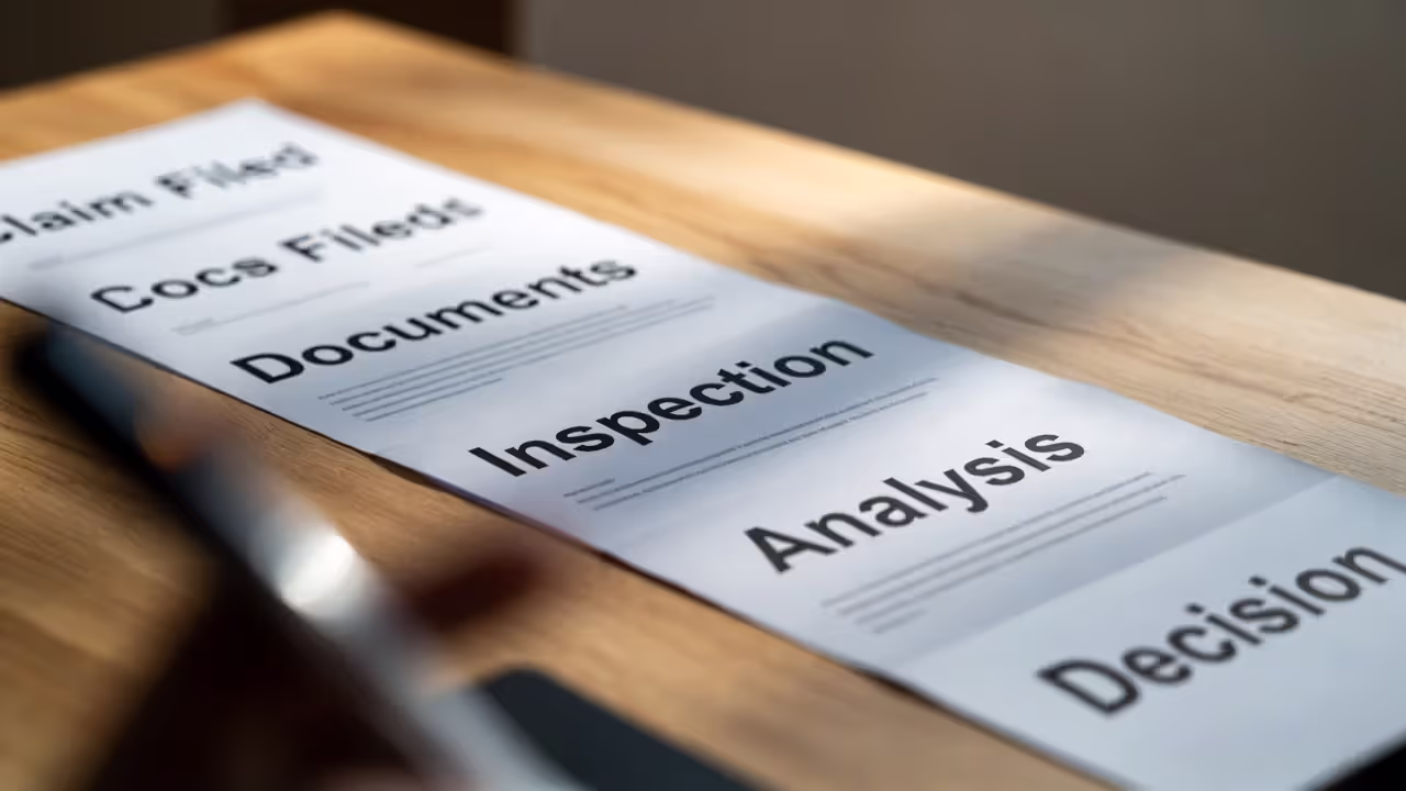 Insurance claim process stages shown on documents on a desk