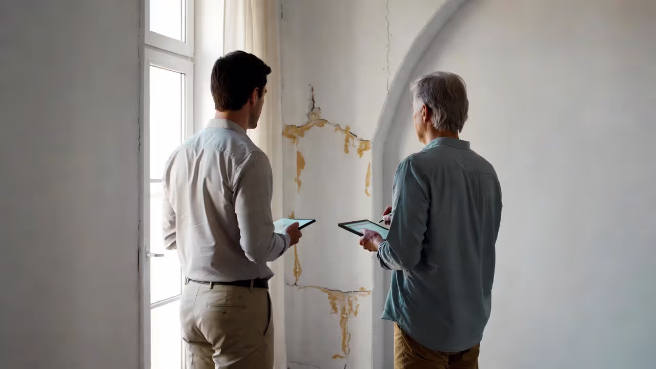 Insurance inspector reviewing property damage with homeowner