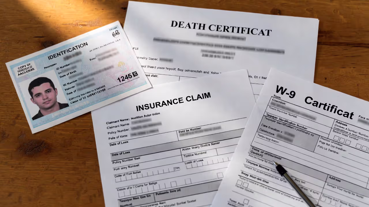 Required documents for a life insurance claim on a wooden desk
