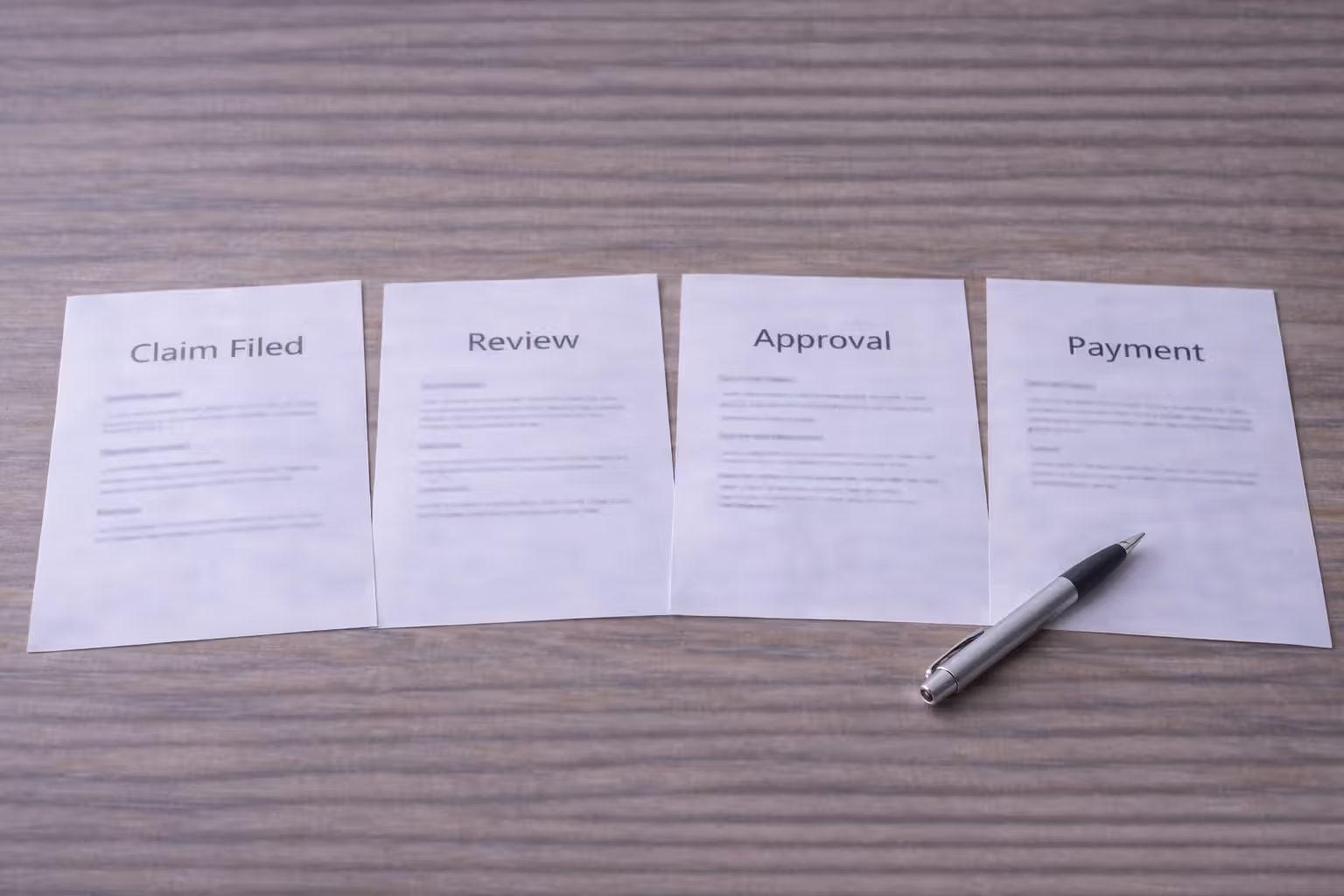 Life insurance claim processing stages displayed on documents