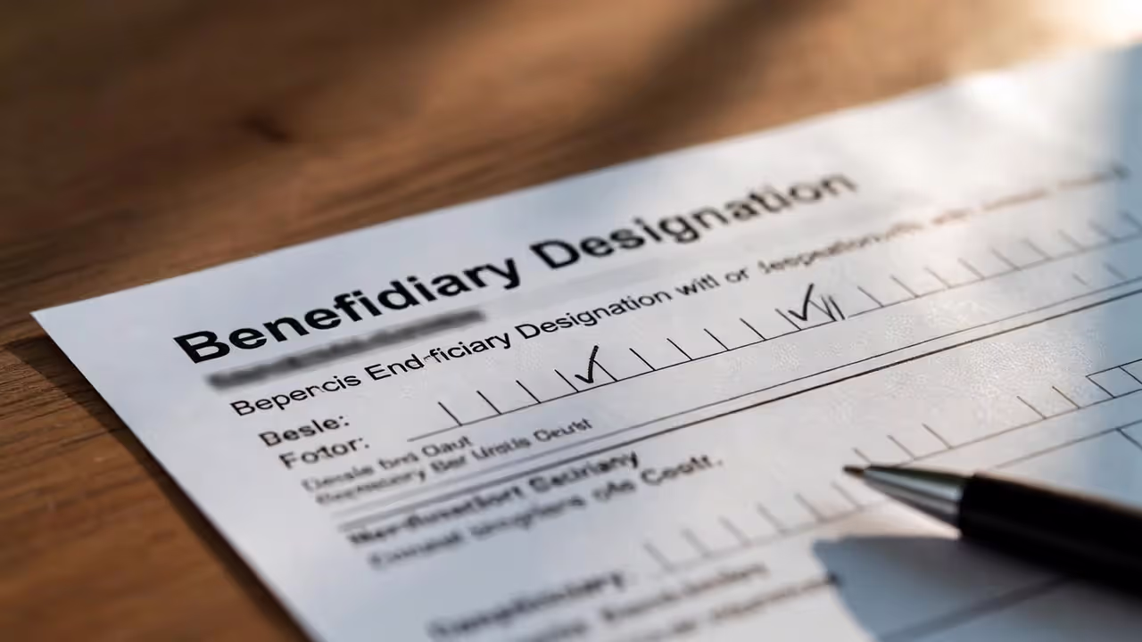 Beneficiary designation form with selected option on desk