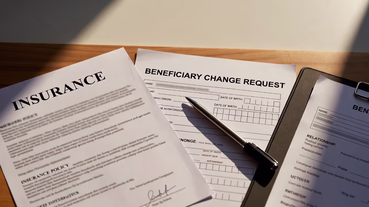 Life insurance documents related to beneficiary changes on desk