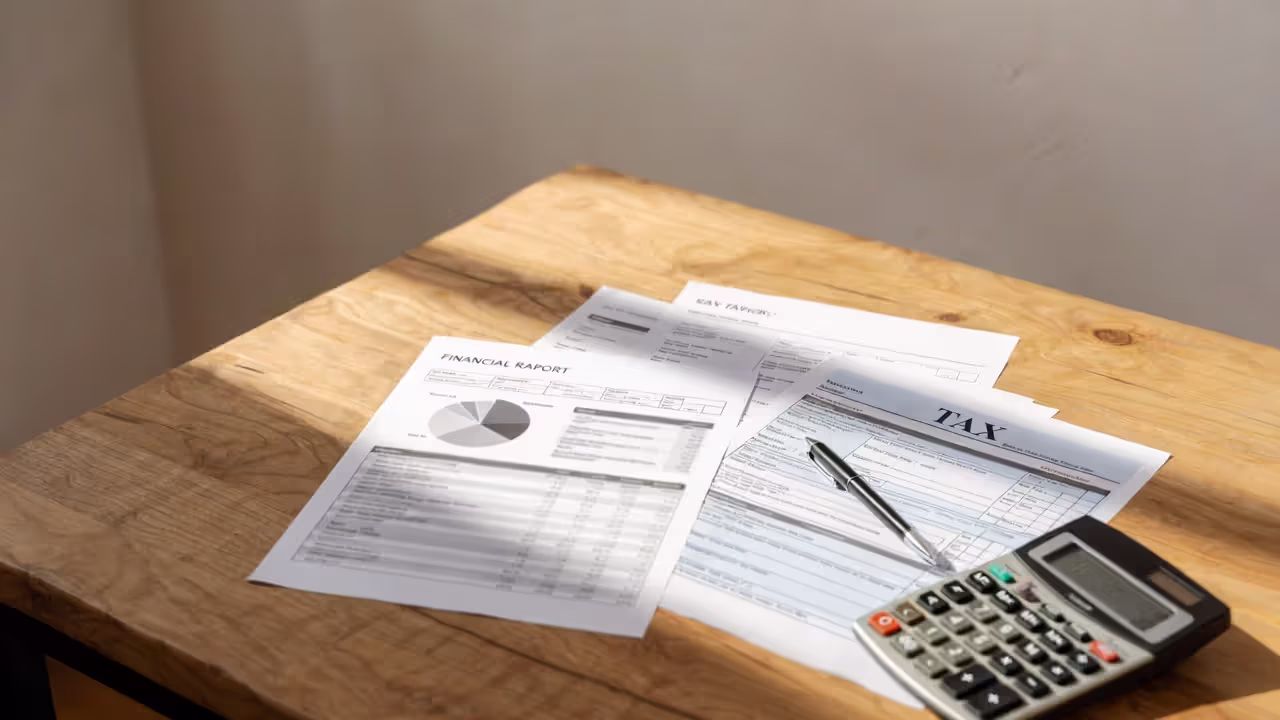 Financial documents and calculator used for insurance underwriting review